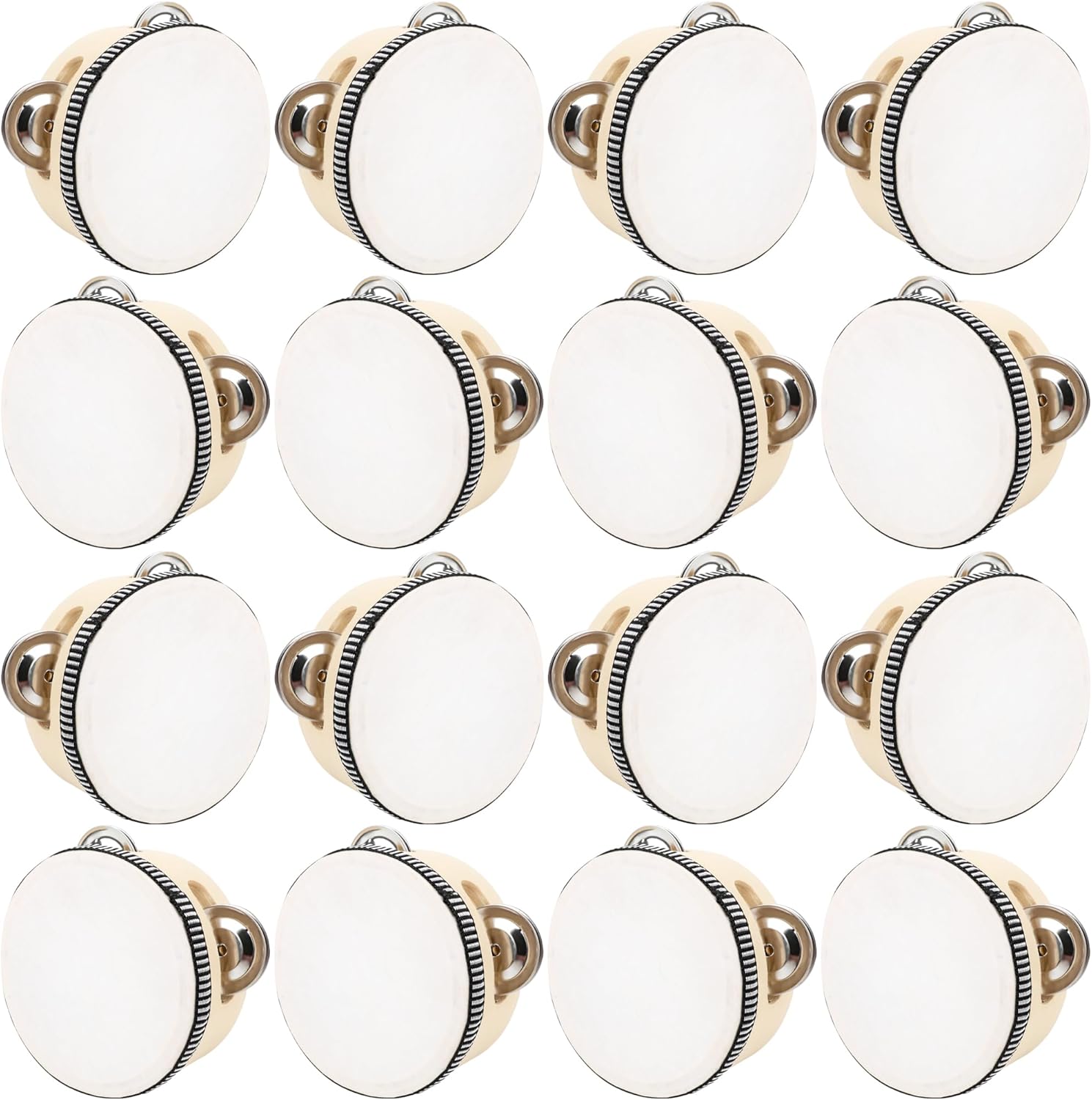 16 Pcs 4 Inch Adult Wedding Tambourines Drum Wooden Natural Handheld Drums Metal Jingles Drums Musical Instruments Percussion for Church Wedding Party Favor