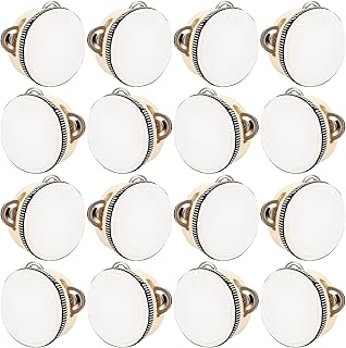 16 Pcs 4 Inch Adult Wedding Tambourines Drum Wooden Natural Handheld Drums Metal Jingles Drums Musical Instruments Percussion for Church Wedding Party Favor
