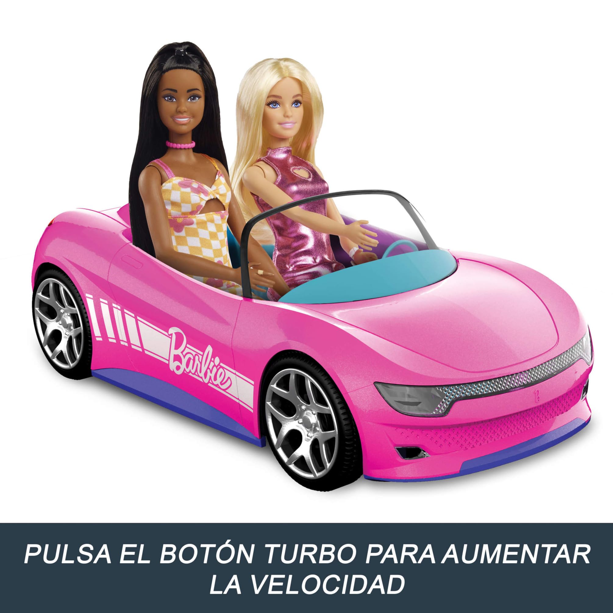 Hot Wheels Barbie Descapotable teledirigido, coche rosa de juguete por control remoto con capacidad para dos muñecas Barbie, con maletero que se abre y hoja de pegatinas para personalizarlo, JBH05