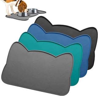 IYYI Cat Food Mat, Silicone Pet Food Mat for Floor, Waterproof Non Slip Pet Feeding Mat, Raised Edge Cat Bowl Mat to Stop Food Spills and Water Messes(Gray+M)