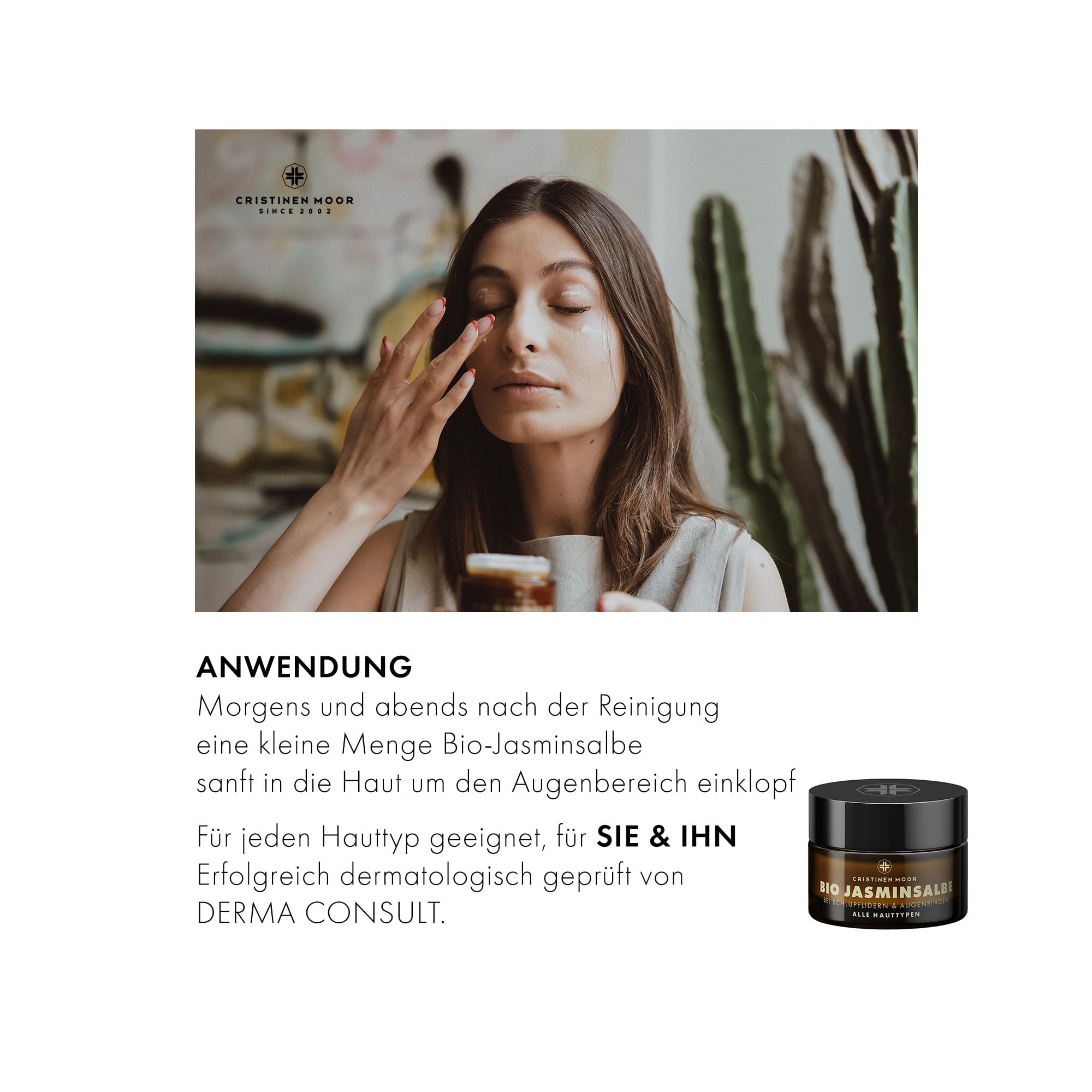 Cristinen Moor Bio Jasminsalbe I Augencreme bei Augenringen, müden und geschwollenen Augen, Schlupflidern I mit Bio Hyaluron | zertifizierte Naturkosmetik