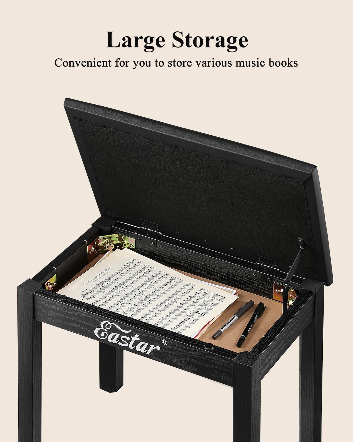 Eastar Banco para Piano con Almacenamiento, Banco de Madera Maciza para Teclado, Taburete para Piano con librería y cojín de Cuero sintético, 53x33x47cm, Negro