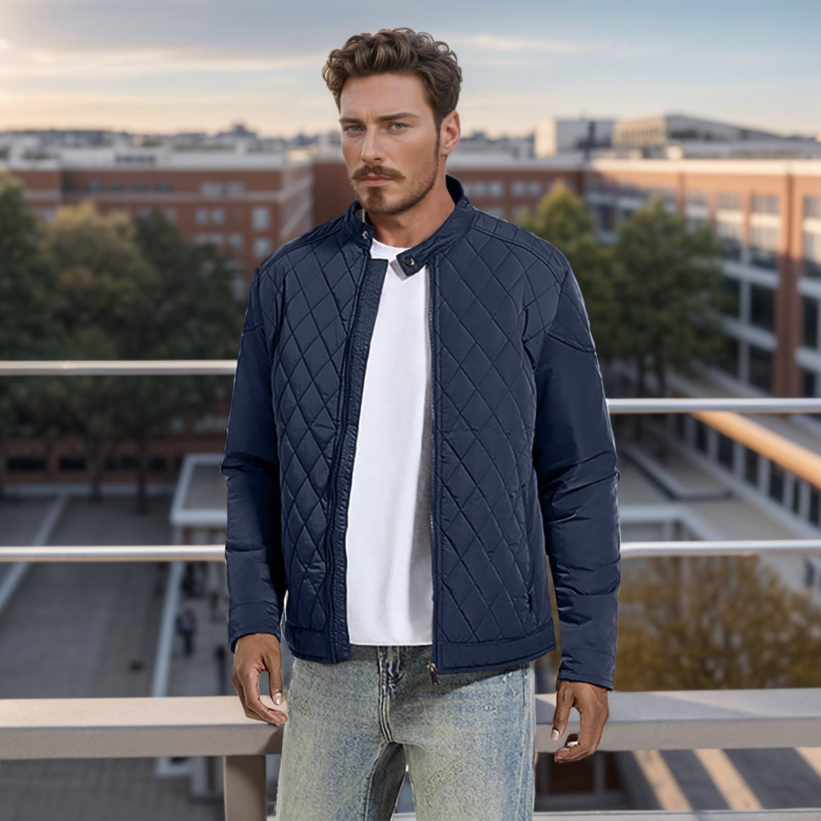 Piumino da uomo, alla moda, leggera, per le mezze stagioni, con colletto alto, trapuntata, invernale, calda, per il tempo libero, giacca softshell con tasca, per lo sport, casual, tinta unita