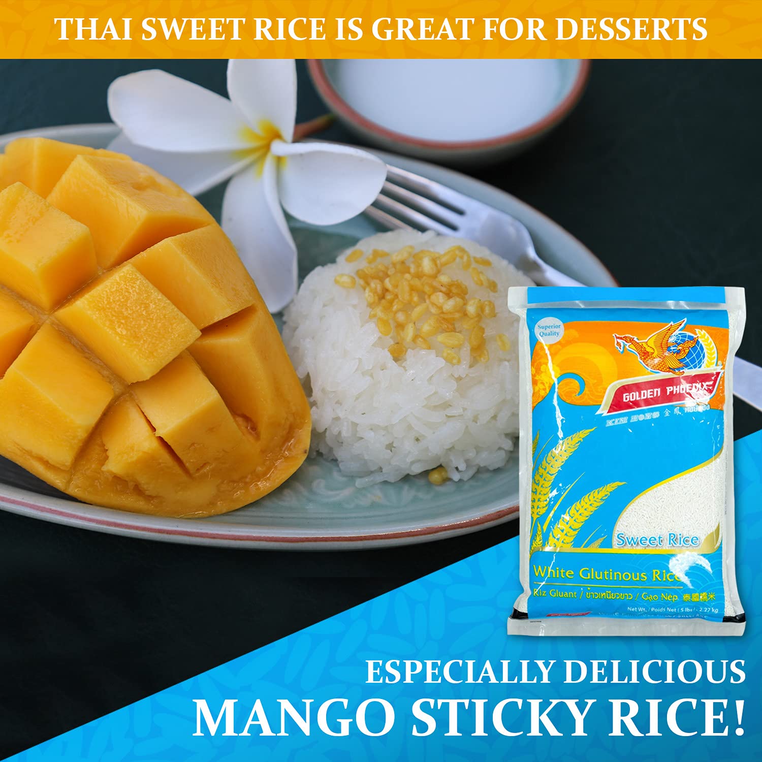 Golden Phoenix Thai Sweet Rice - Premium Sticky Rice for Desserts or Rice Cakes, Great for Gluten-Free Diets, 5 Pounds (Pack of 1)