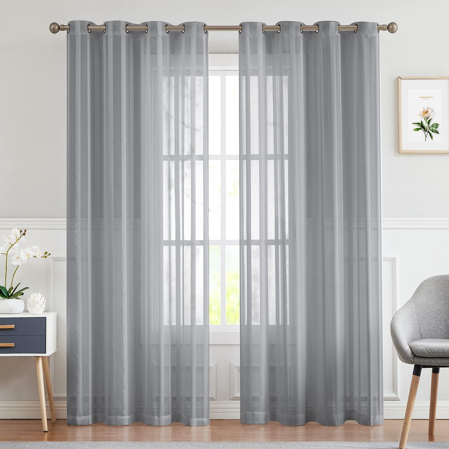 Vangao Grey Sheer Curtains Stripe Semi Sheer Voile Curtain Panels Light Filtering Privacy Sheer Curtains for Living Room Bedroom Grommet Top Window Treatments 72 Inches Long 2 Panels Gray