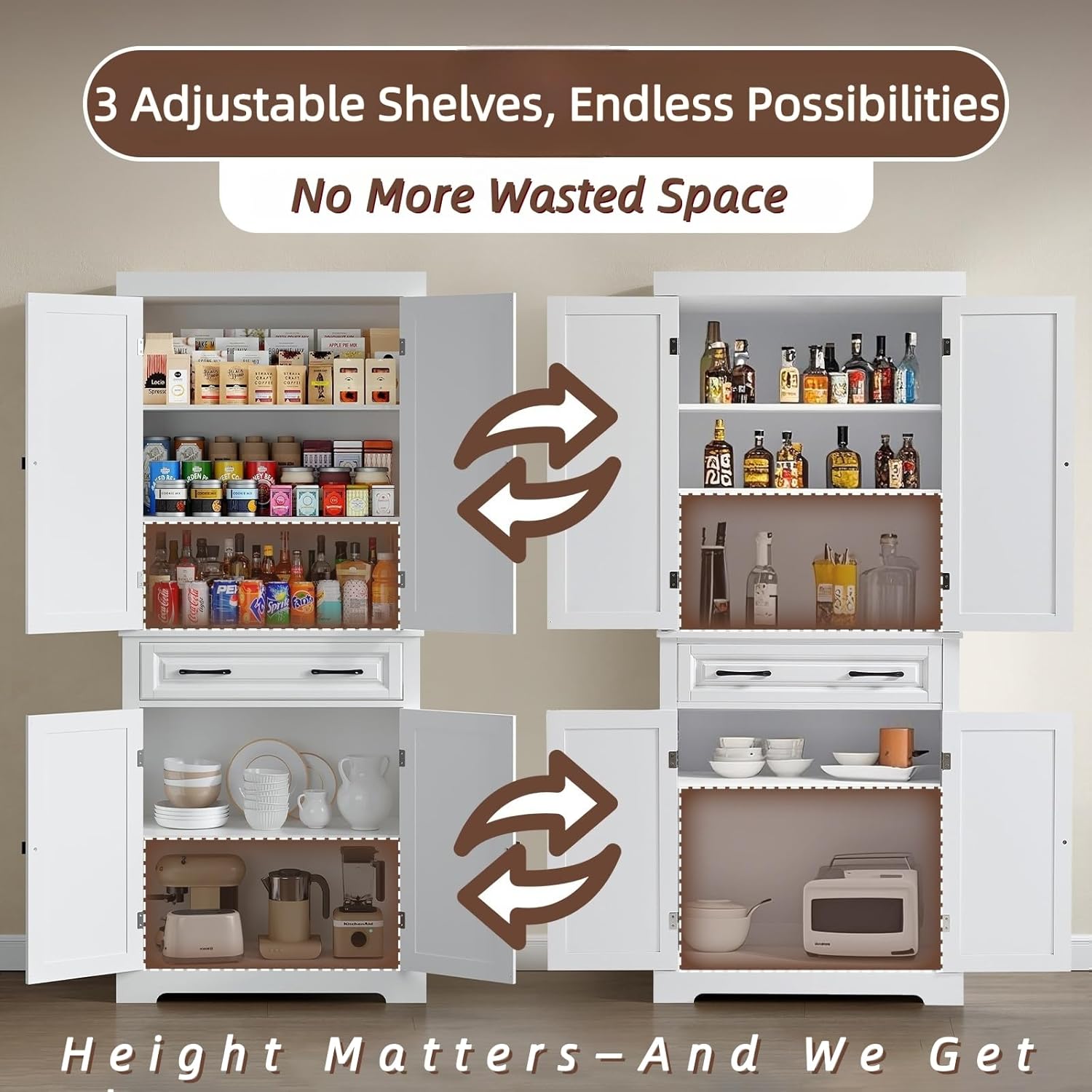 72" Kitchen Pantry Cabinet, White Tall Storage Cabinet, Pantries with Drawer and Adjustable Shelves, Floor Storage Cabinets for Bathroom, Living Room, Dining Room