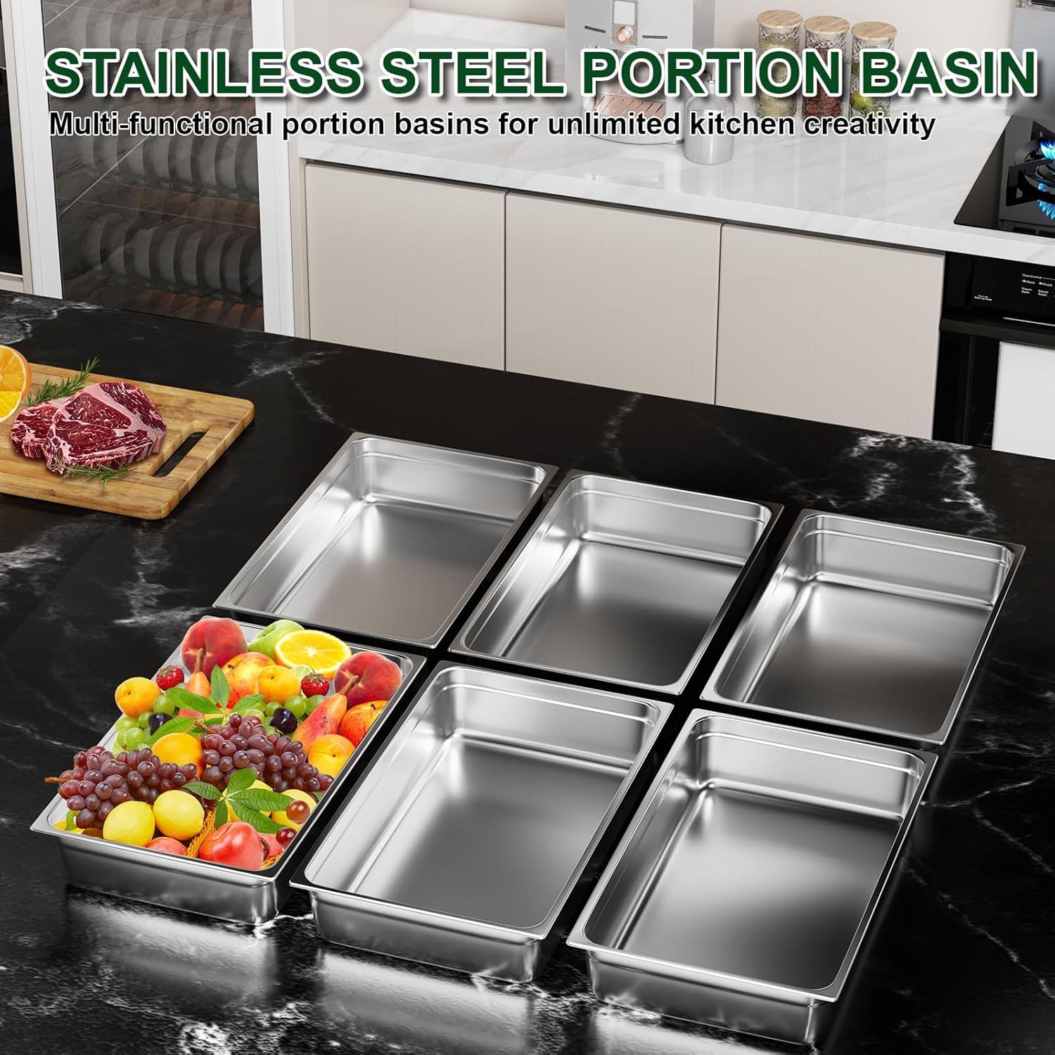 TAIMIKO GN 1/1 - Contenedores gastronométricos de acero inoxidable de 100 mm, 6 unidades, aptos para alimentos y resistentes al calor, para alimentos, tartas, hoteles, cocinas