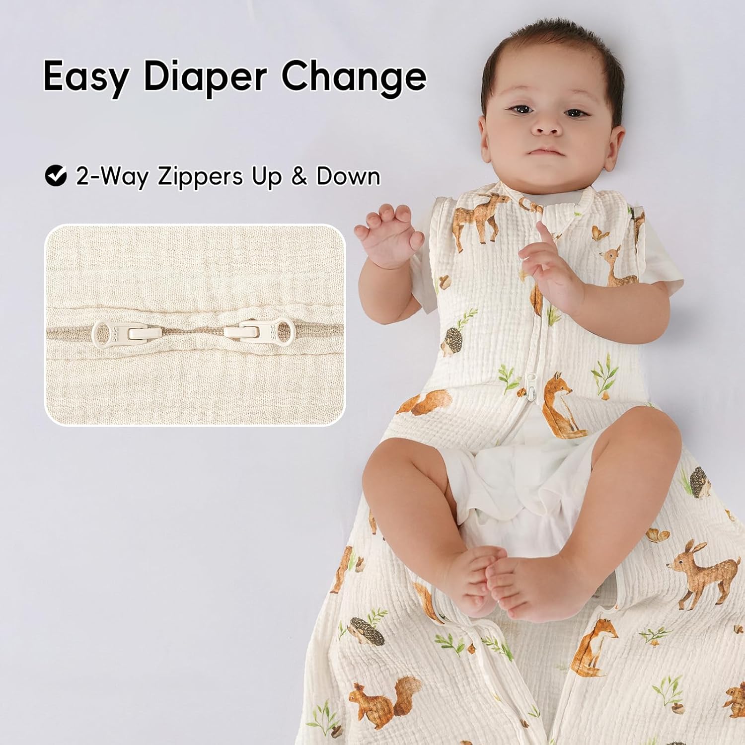 david's kids Muslin Cotton Baby Sleep Sack 6-12 Months, 2 Pack 100% Cotton Sleeping Bag for Summer, TOG 0.5 Baby Wearable Blankets with 2-Way Zipper, Soft Sleep Sacks for Newborn Infant, Animal