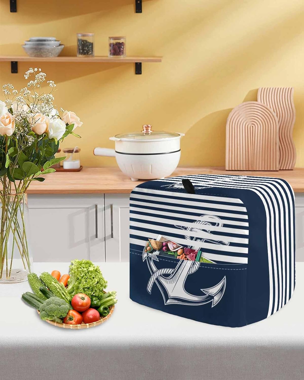 Navy Blue Anchor Stand Mixer Cover with Storage Pocket, Waterproof Kitchen Mixer Covers, Nautical Coastal Abstract Art Kitchen Appliance Dust Cover Compatible with 5-8 Quart Mixers