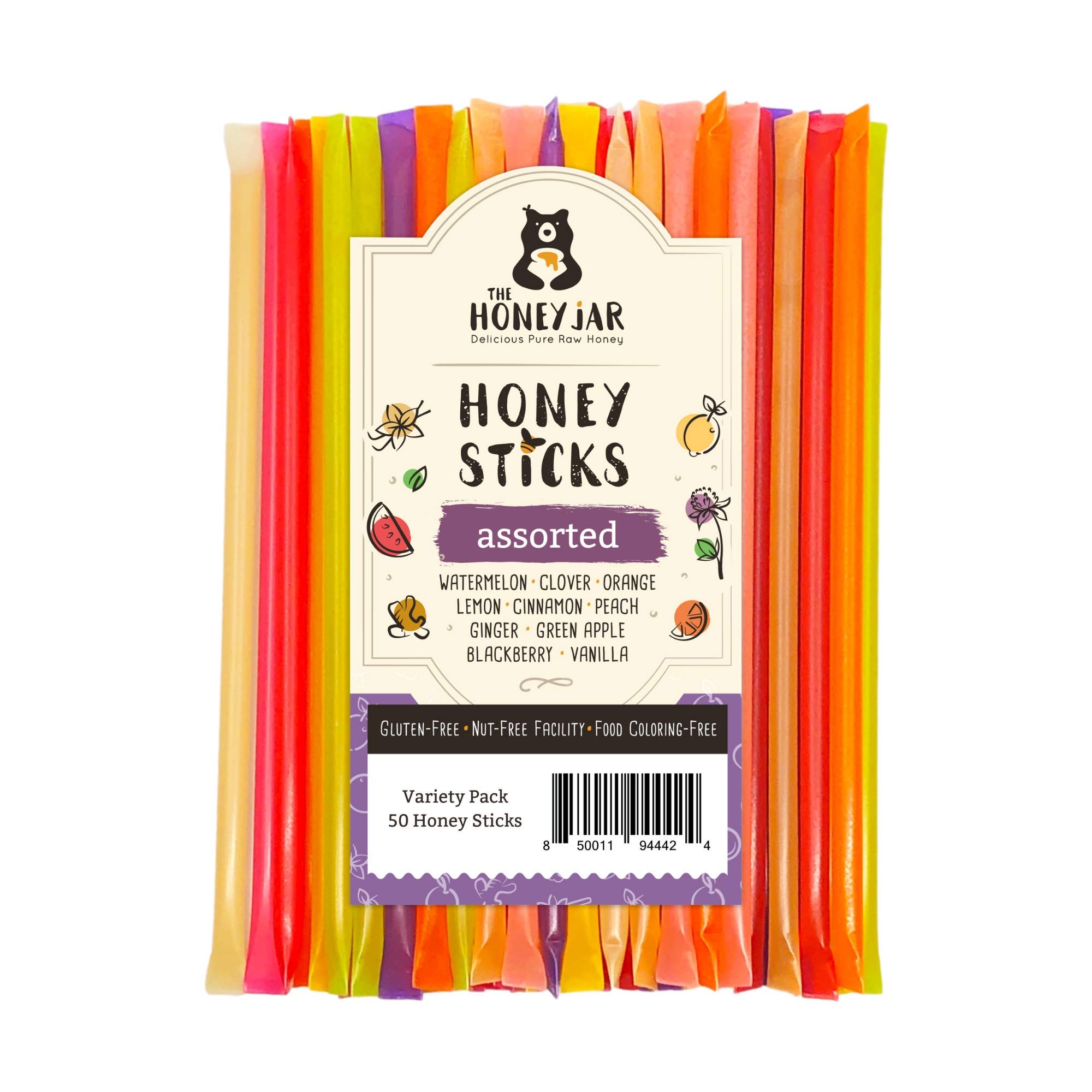 The Honey Jar Variety Pack Raw Honey Sticks - Pure Honey Straws For Tea, Coffee, or a Healthy Treat - One Teaspoon of Flavored Honey Per Stick - Made In The USA with Real Honey - (50 Count)