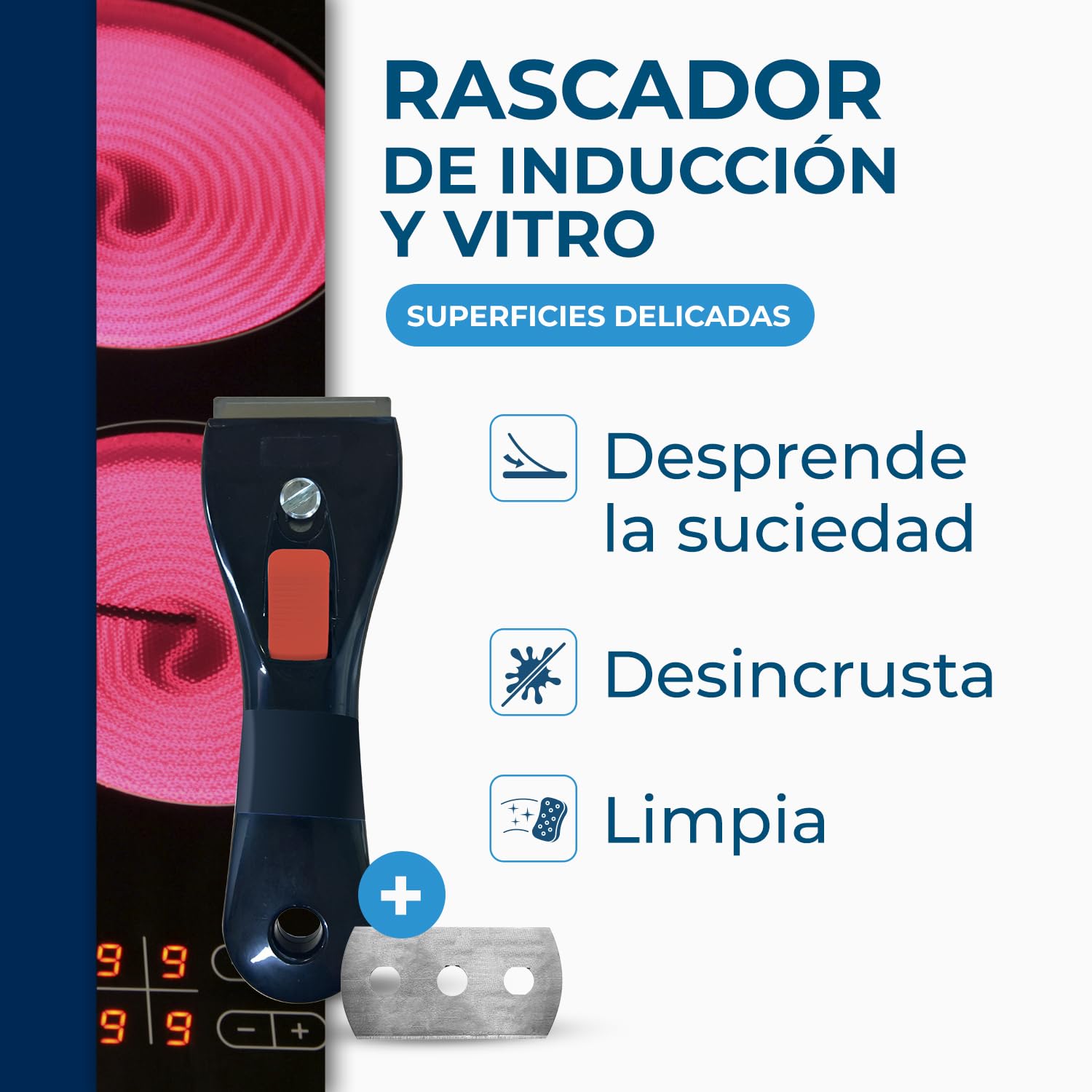 STARWAX – Rascador para placas de vitrocerámica e inducción con cuchilla de recambio de acero inoxidable – Elimina restos de comida y grasa quemada – No raya
