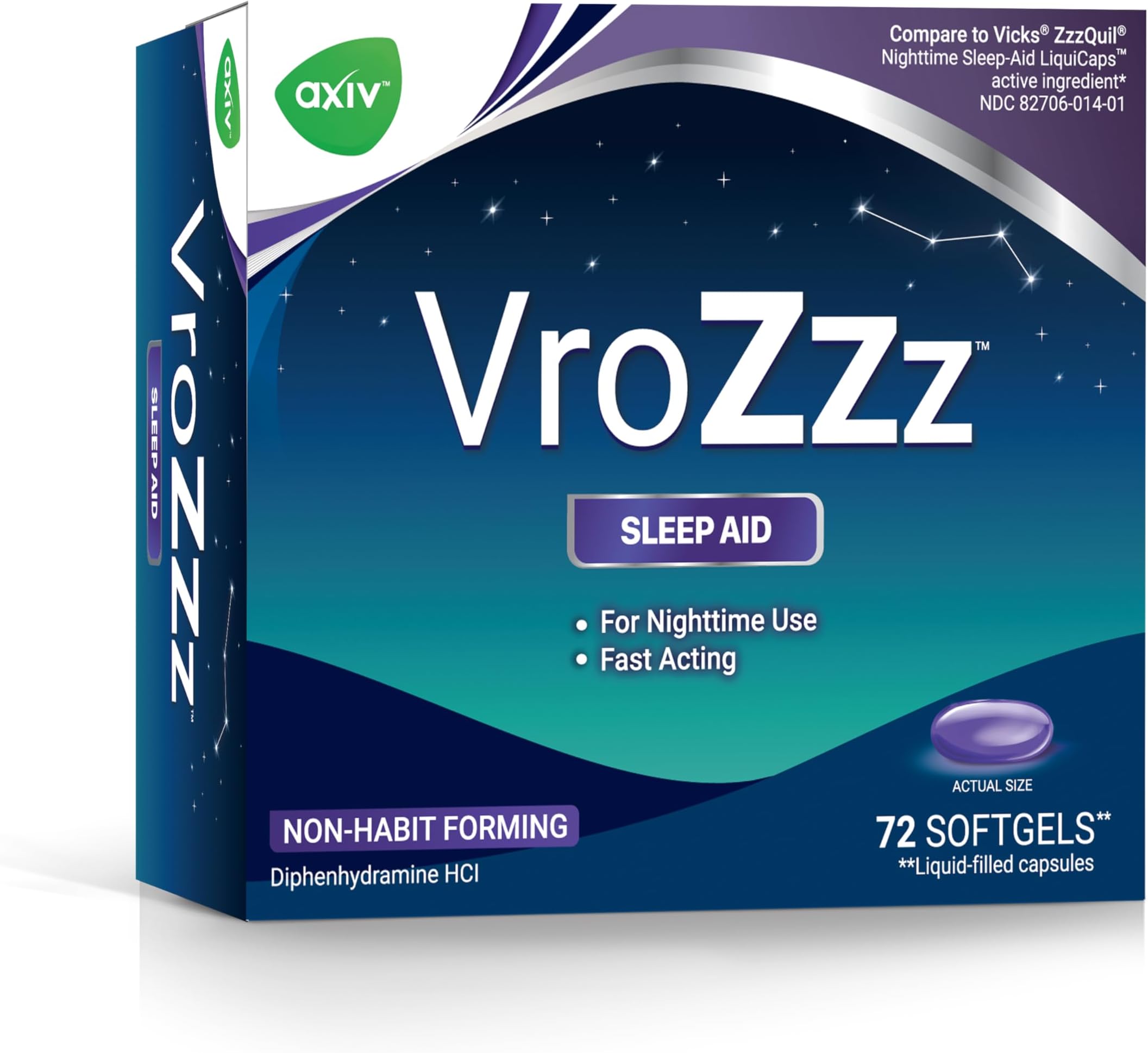 VrozZZ Nighttime Sleep Aid Softgels, Diphenhydramine HCl 25mg, Non-Habit Forming, Liquid-Filled Capsules, 72 Count