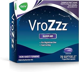 AXIV VrozZZ Sleep Aid Softgels, Nighttime Sleep Aid Liquid-Filled Capsules, for Nighttime use, Non-Habit Forming, 25mg Diphenhydramine HCI, Fall Asleep Fast, 72 Count