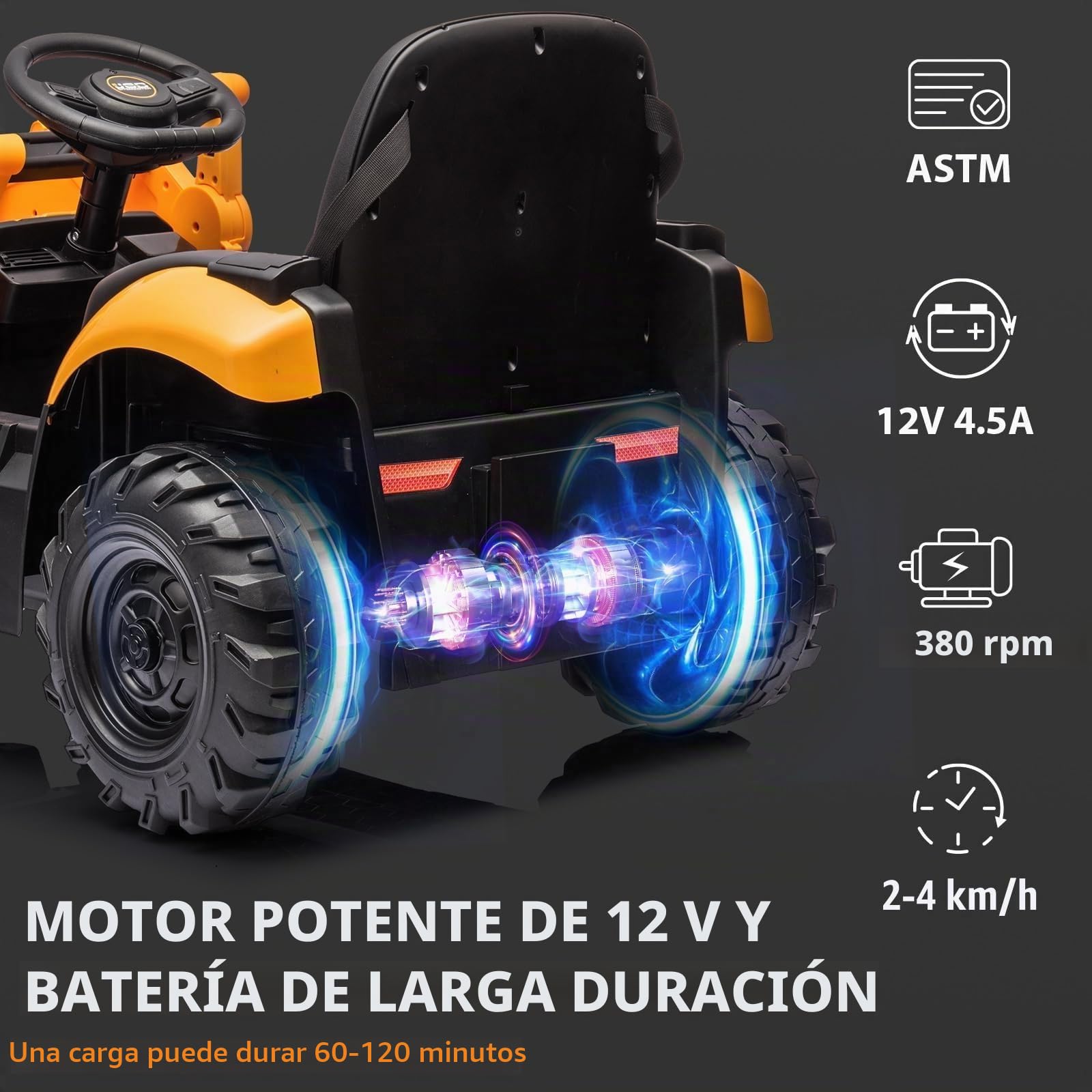 4 en 1 Excavadora para Niños 12V (Amarillo) | Vehículo Eléctrico Infantil con Control Remoto, Pala/Cargador Frontal, Brazo Excavador, Bocina y Asiento Ajustable