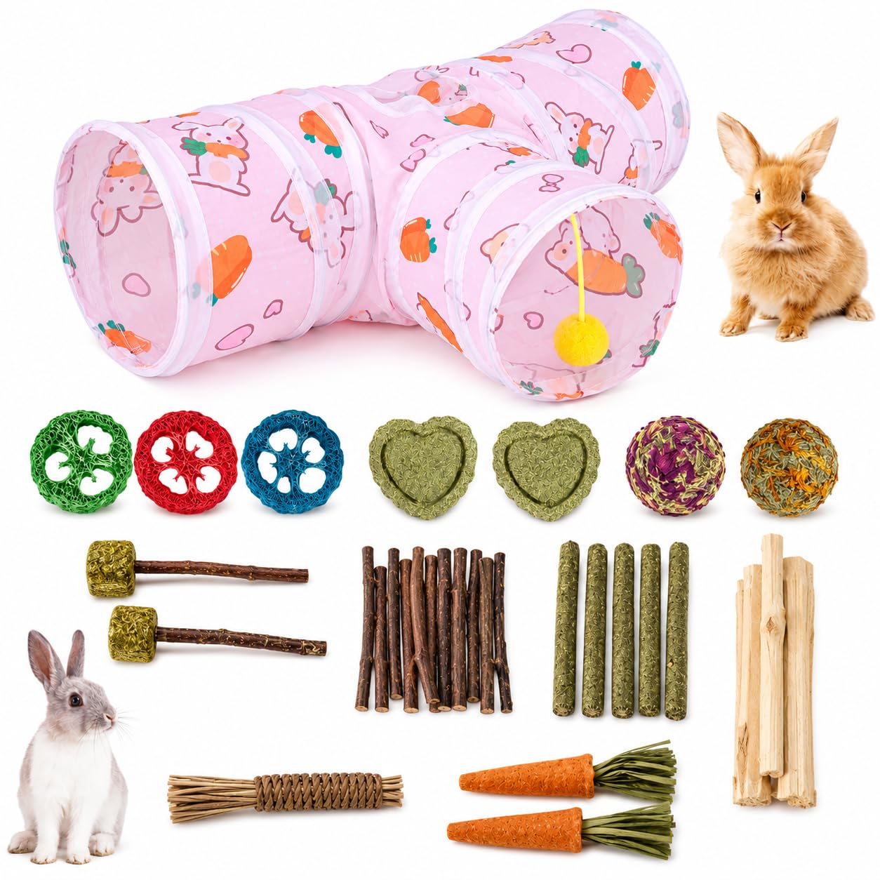 Morezi 10-Piece Rabbit & Guinea Pig Enrichment Toy Set with Rabbit Tunnel, Natural Chew Toys and Foraging Balls, Boredom Breaker for Bunnies, Chinchillas, Hamsters