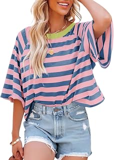 Dokotoo Women's Striped Color Block Crewneck T-Shirt - Loose Fit Basic Tee 2026 Summer Fashion