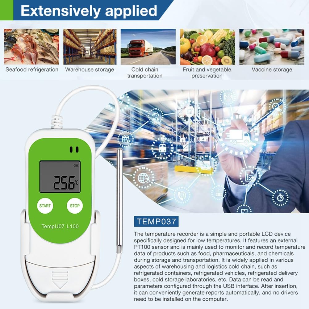 TempU07 L100 USB rejestrator temperatury wielokrotnego użytku, automatyczny eksport do CVS i PDF do laboratoryjnego transportu łańcucha chłodniczego