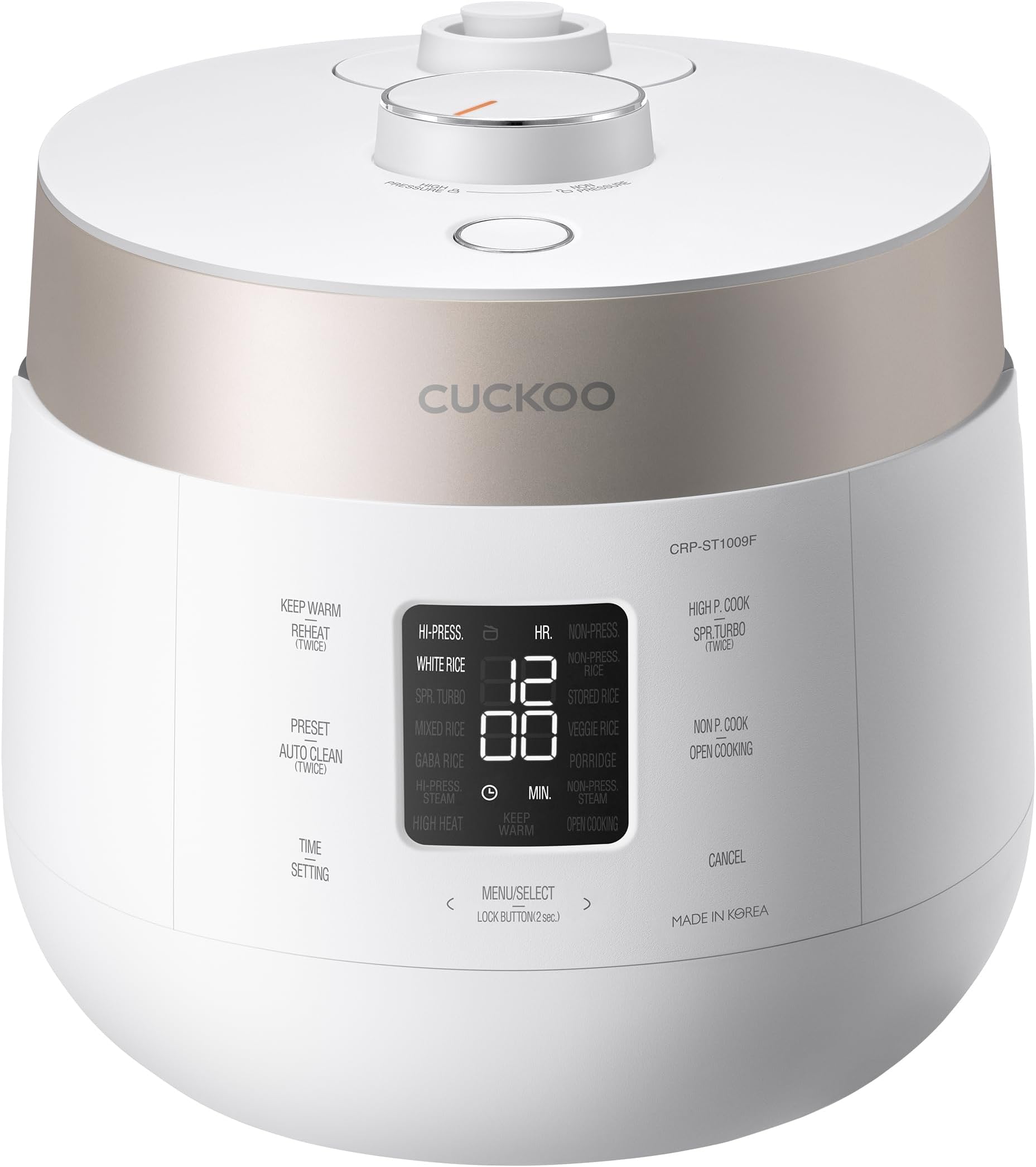 CUCKOO Twin Pressure Rice Cooker & Warmer 10-Cup Uncooked/20-Cup Cooked 1.8L 16 Menu Options 3-Language Voice Guide Nonstick Inner Pot Auto Clean Smart Pressure Korean Technology White, CRP-ST1009FW