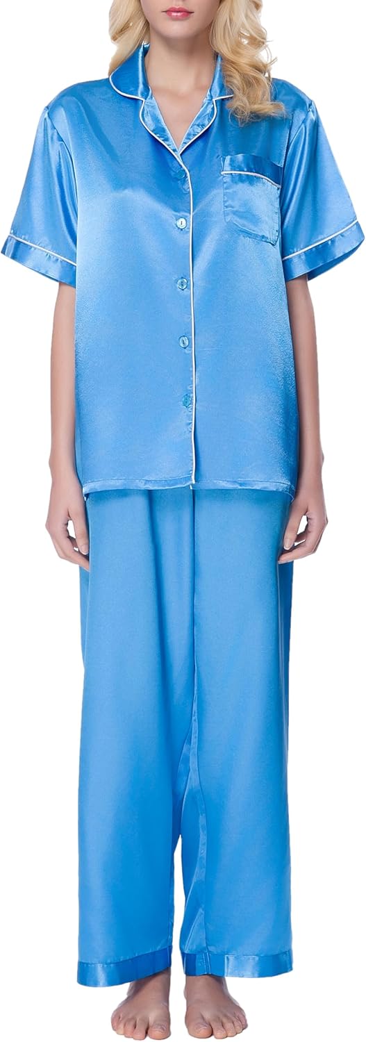 Lavenderi Women's Short Sleeve Classic Satin Pajama Set - Soft Silky Sleepwear for Women, Comfortable & Stylish
