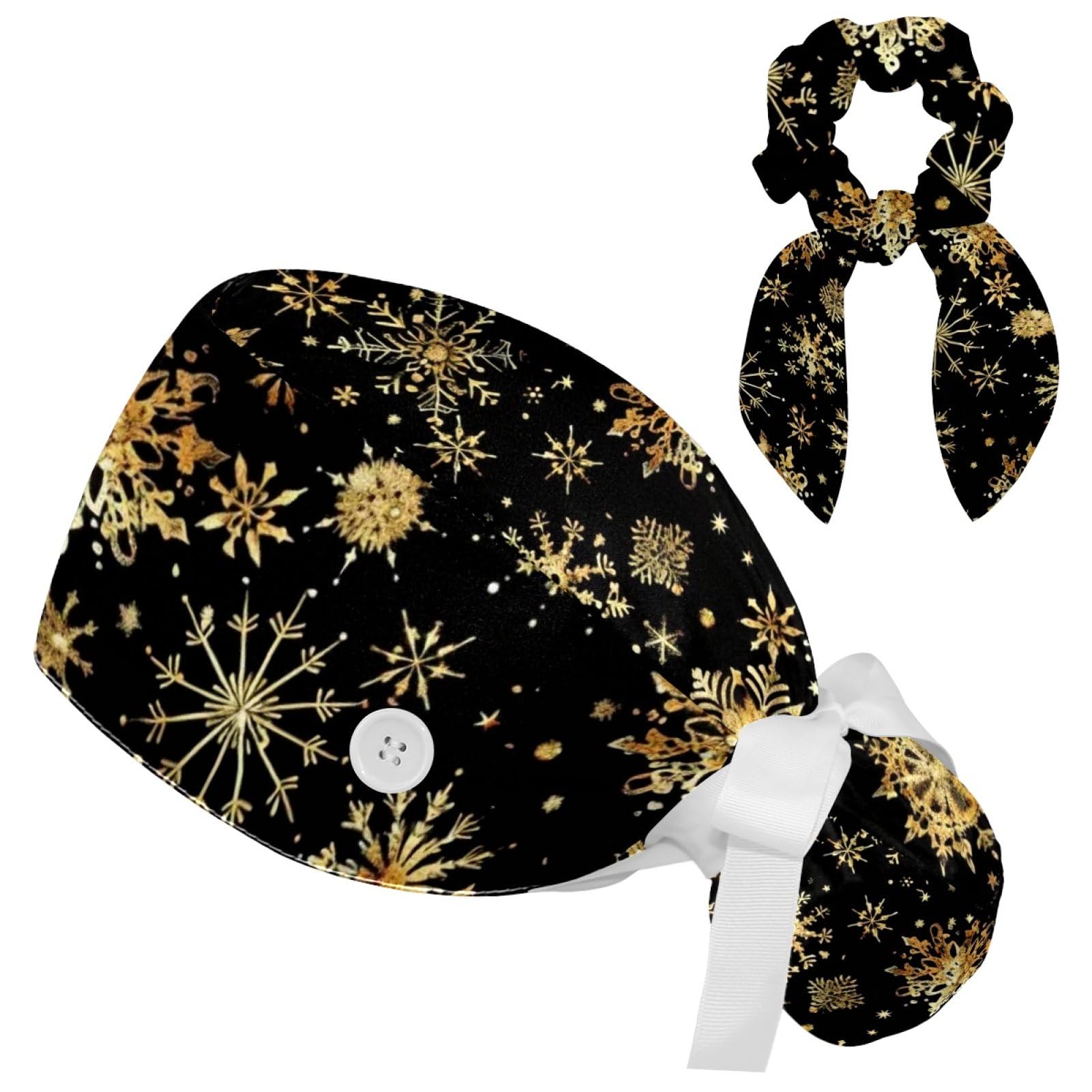 Adjustable Winter Blue Snowflake Surgical Scrub Cap with Button, Ponytail Pouch, Sweatband for Women with Bow Hair Scrunchy