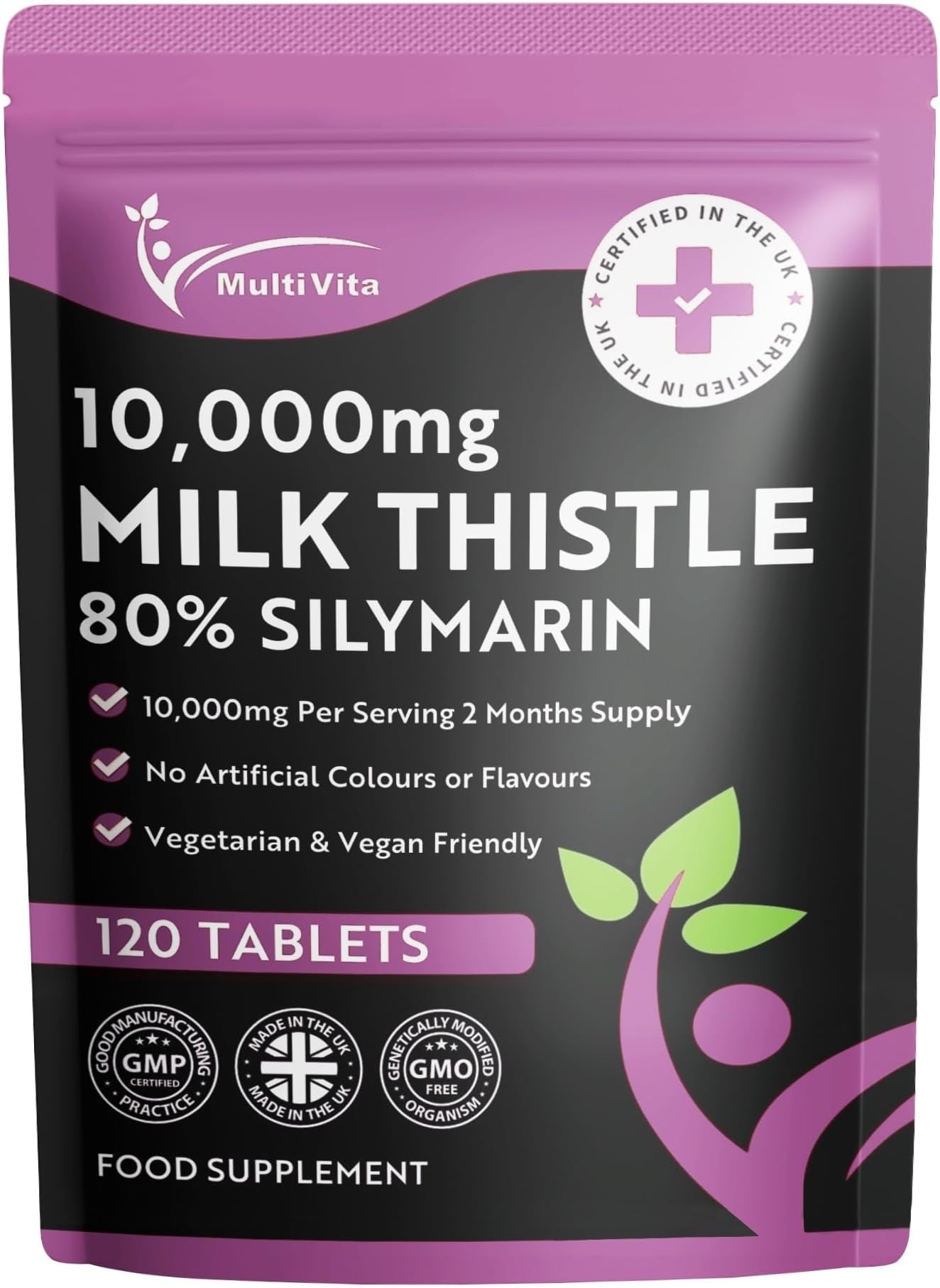 Milk Thistle Tablets 80% Silymarin High Strength 10,000mg Per Serving 2 Months Supply, 120 Vegan Tablets - Milk Thistle Capsules Alternative - Premium Supplement Made in UK