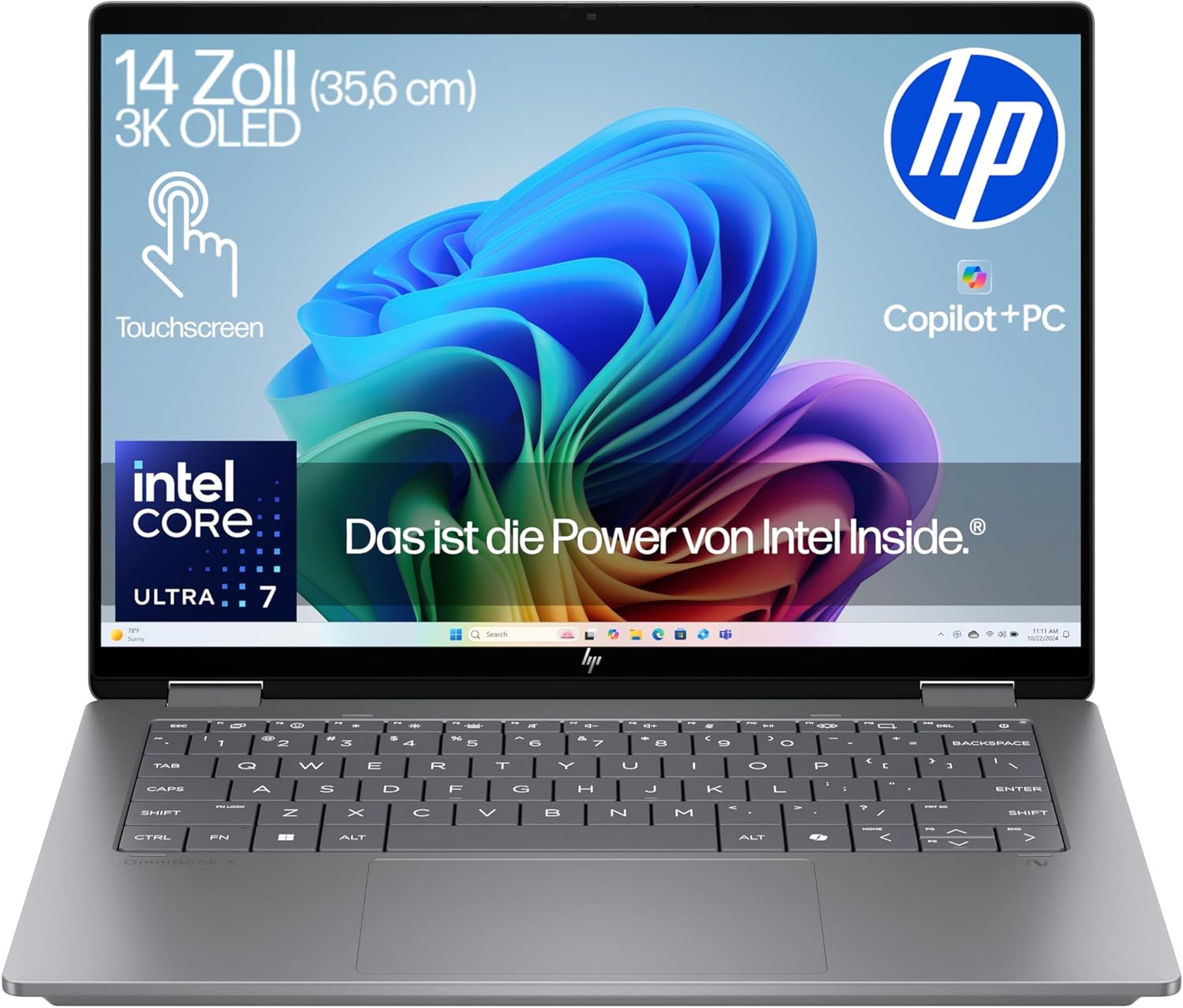 HP OmniBook X Flip Intel Core Ultra 7 256V 2-in-1 Next Gen AI Laptop | Dedicated NPU for AI | 47 NPU Tops | Copilot+ PC | 14 Inch 3K 2880×1800 OLED Touchscreen | 32GB | 1TB SSD | Win11 | QWERTZ | Silver