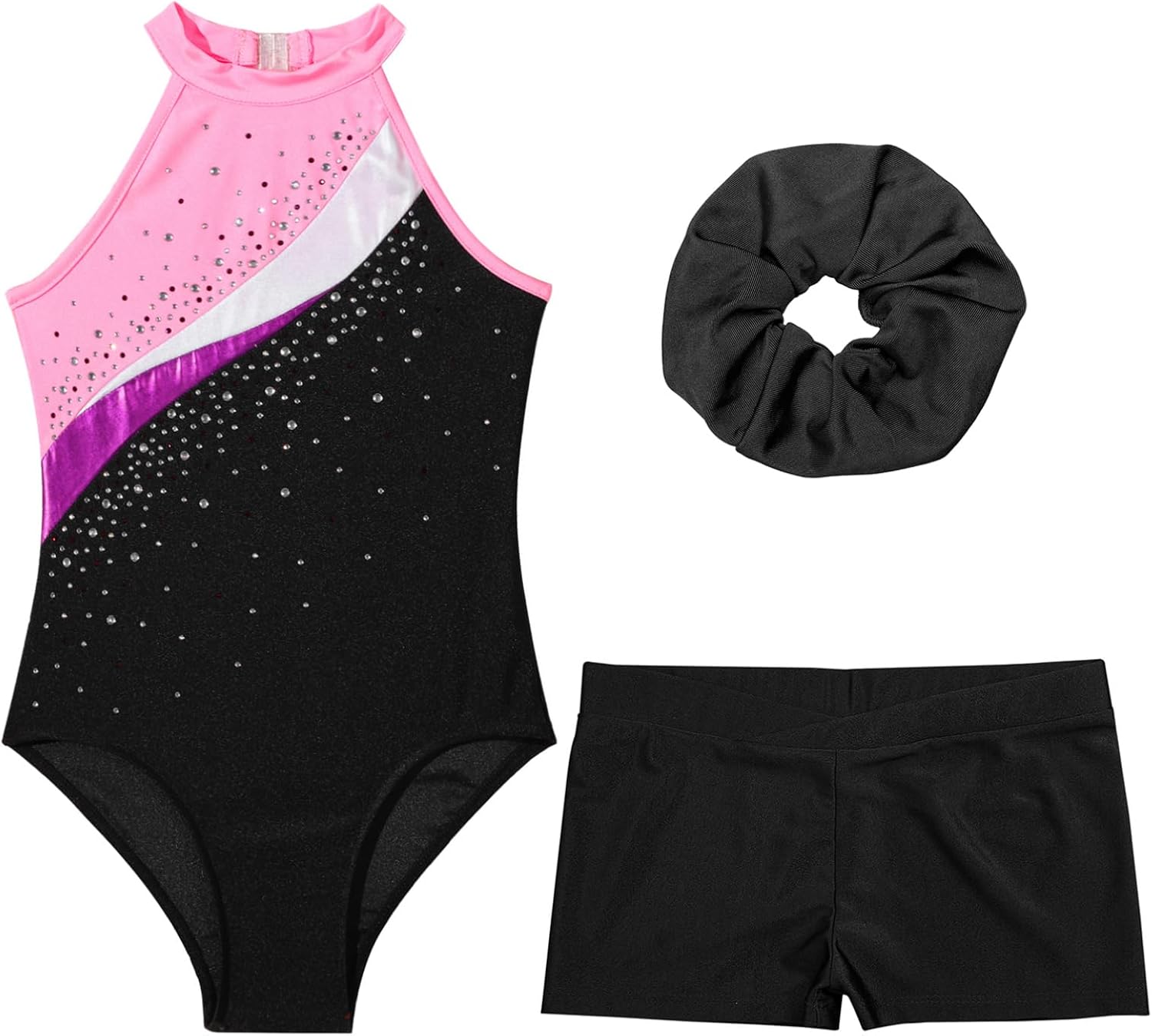Gymnastics Leotard for Girls Sparkly Dance Outfits Sets Sleeveless Athletic Leotard with Shorts Hair Tie Tracksuit