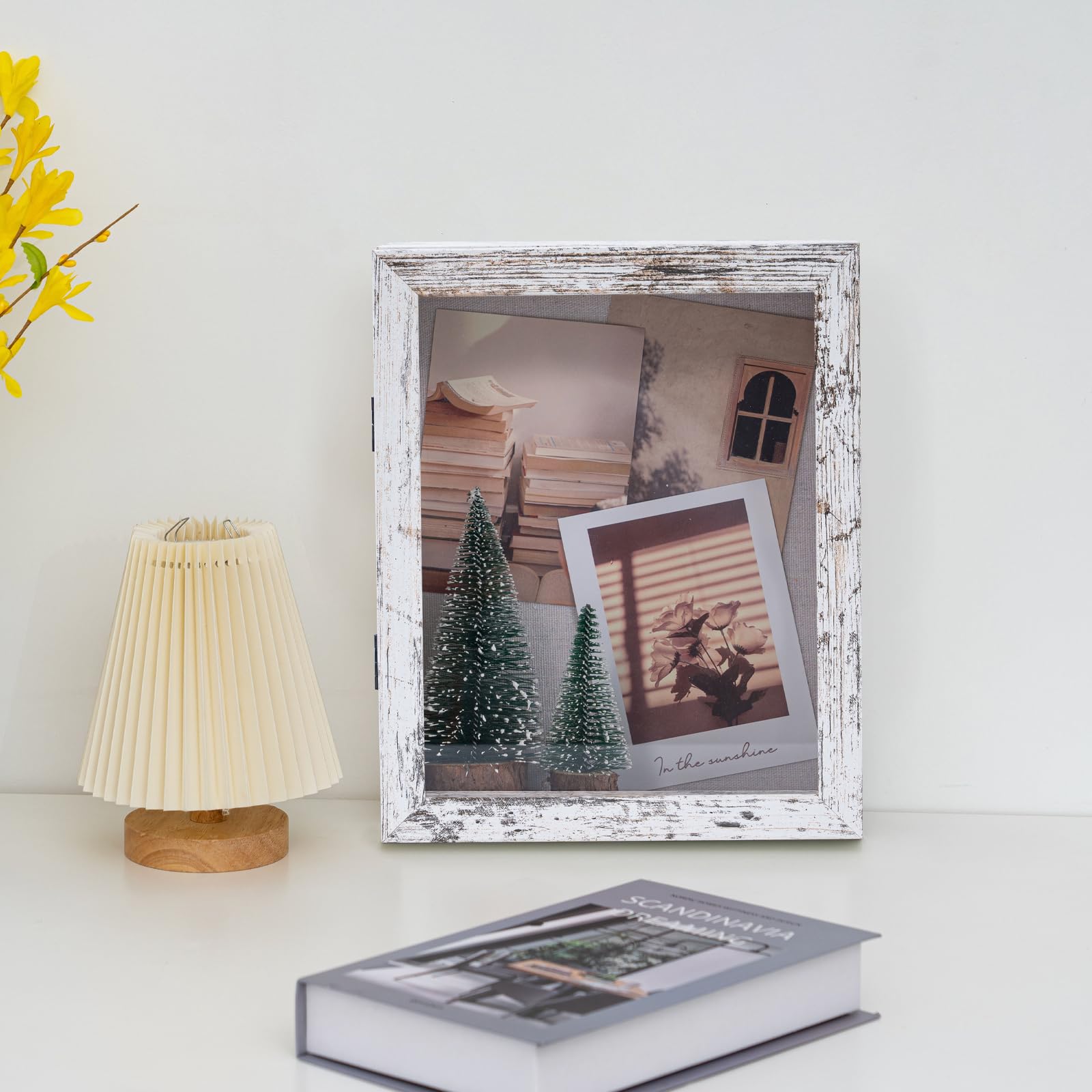 Muzilife Cadre en bois 3D avec ouverture à remplir - 28 x 35 cm - Avec épingles et chevilles - Pour bricolage, boîte d'ombrage, cadeau pour la famille, les amis, le bureau - Blanc vintage