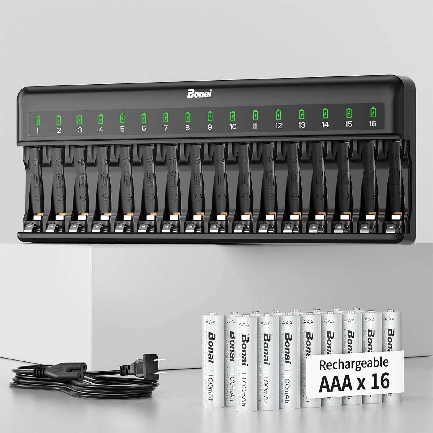 Bonai Rechargeable AAA Batteries with Charger, 16 Bay Smart Fast Battery Charger with American AC Plug & 1100mAh High Capacity Pre-Charged Low Self-Discharge Leak Proof Triple A Batteries (16 Pack)