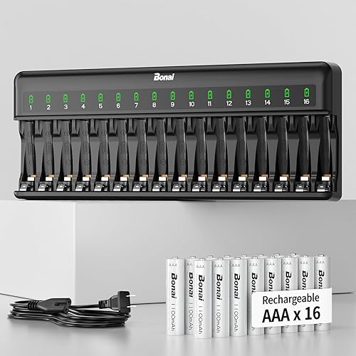 Bonai Baterías AAA recargables con cargador, cargador de batería inteligente rápido de 16 bahías con enchufe de CA americano y baterías triple A de