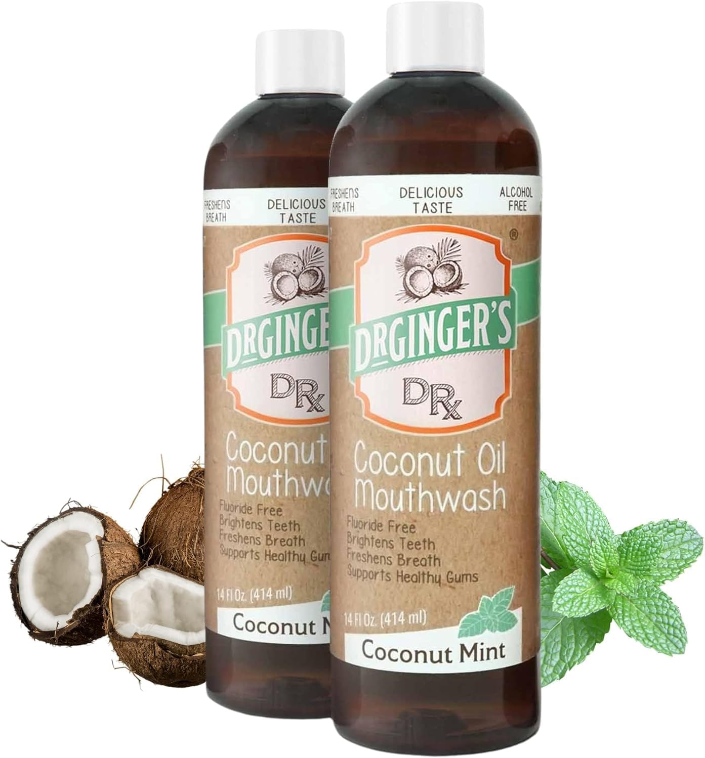 Dr. Ginger’s Coconut Oil Pulling Alcohol Free Mouthwash - Mint Flavor, 14 fl oz, 2pcs - Fluoride Free, All-Natural, with Xylitol