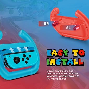 TNP Racing Wheel for Nintendo Switch/Switch OLED Joy-Con Controller (Set of 2 Red + Blue) Racing Steering Wheel Controller Accessory Grip Handle Kit Attachment