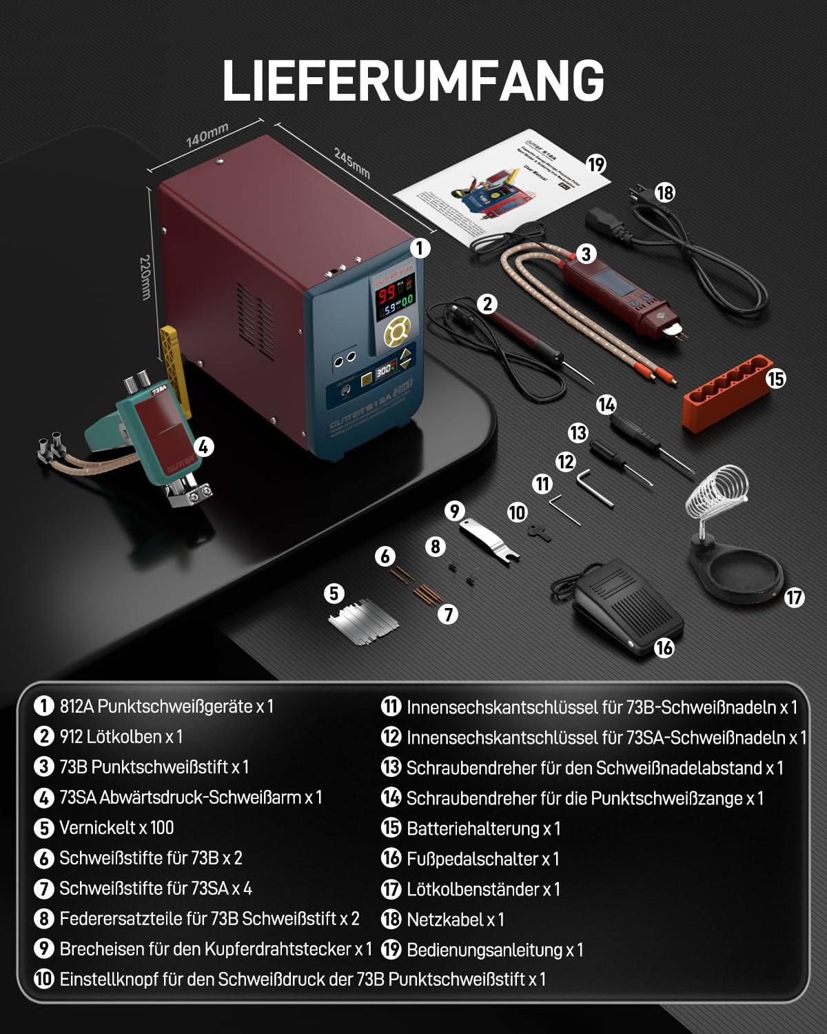 GLITTER 812A 2-in-1 Batterie-Punktschweißgerät und Lötstation, 14500W, 2500A, mit AT/MT-Modus, Schwenkarm und Fußpedal, für LiFePO4 LFP Lithium-Batterien
