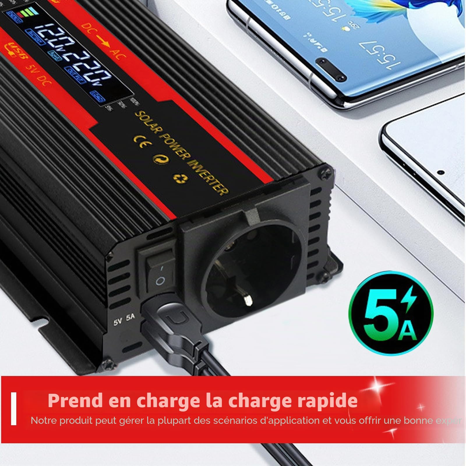 Convertisseur de tension DC 12 V/24 V vers AC 230 V - Onde sinusoïdale modifiée - 2000 W - Avec prises UE - 2 USB et affichage LCD - Adaptateur pour voiture, camion, caravane, camping