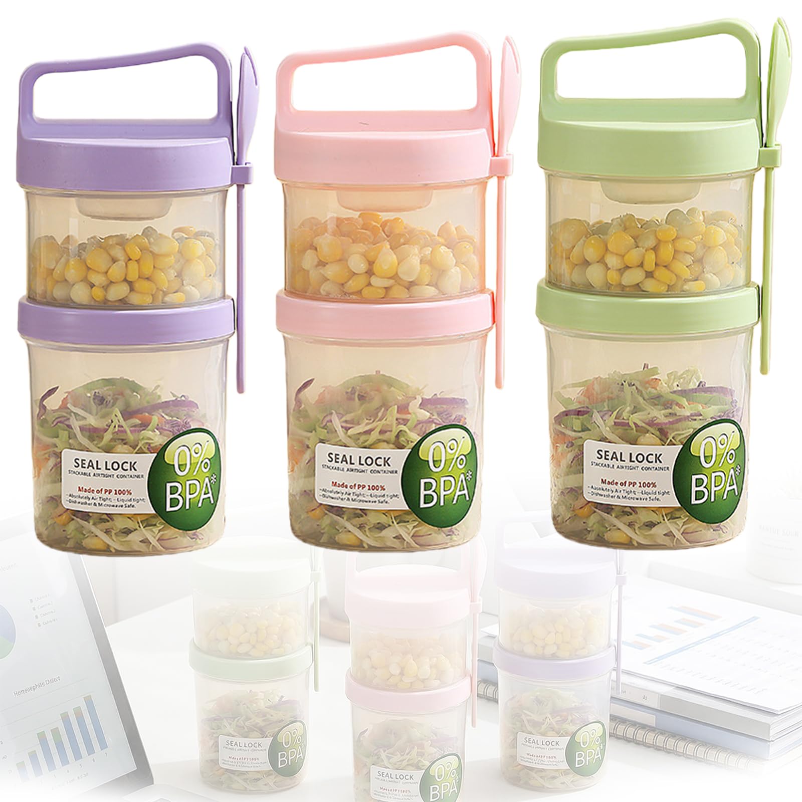 PRITOK Overnight Oats Jars with Lid and Spoon: 3 Pack Double-Layer PP Silicone Portable Overnight Oats Container, Leak-Proof Breakfast Cereal Cups, Reusable Jar for School, Office, Travel (920ml Each)