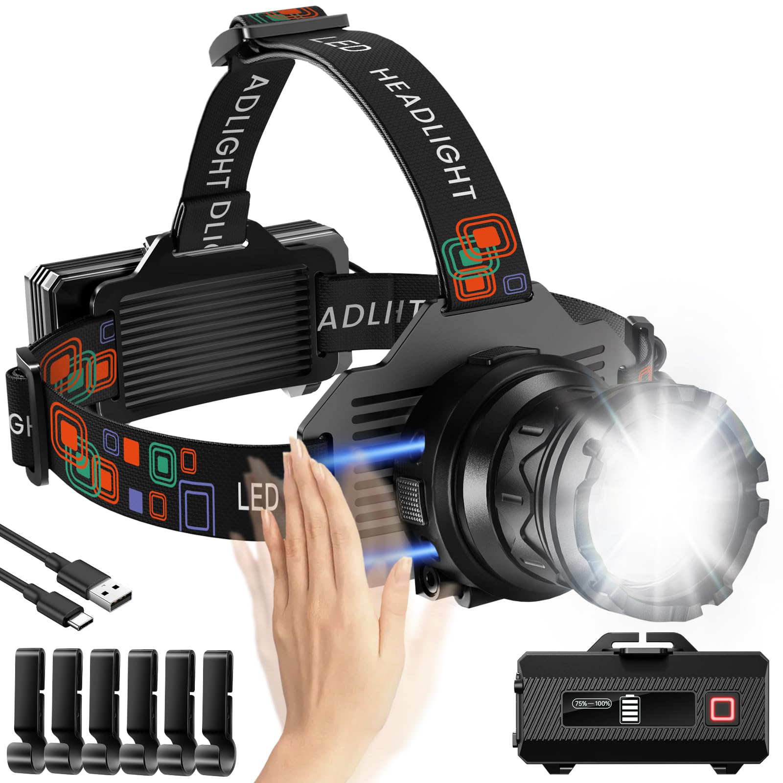 TININ LED Stirnlampe Wiederaufladbar, Superhell 100000 Lumen Mit Sensor, 5 Lichtmodi & 90° Einstellbar, IPX7 Wasserdicht für Camping Angeln