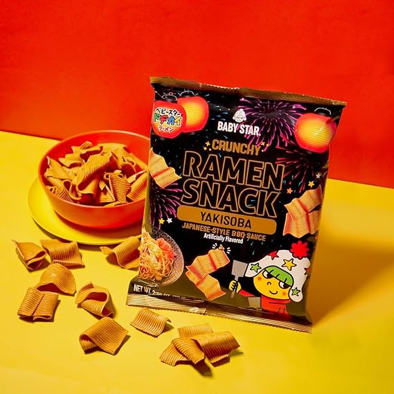 Baby Star Crunchy Ramen Snack Wide Yakisoba Flavor, 2.46oz | Japanese Crispy Noodle Treat, Japanese BBQ Sauce Taste, Asian Snack for Kids and Adults