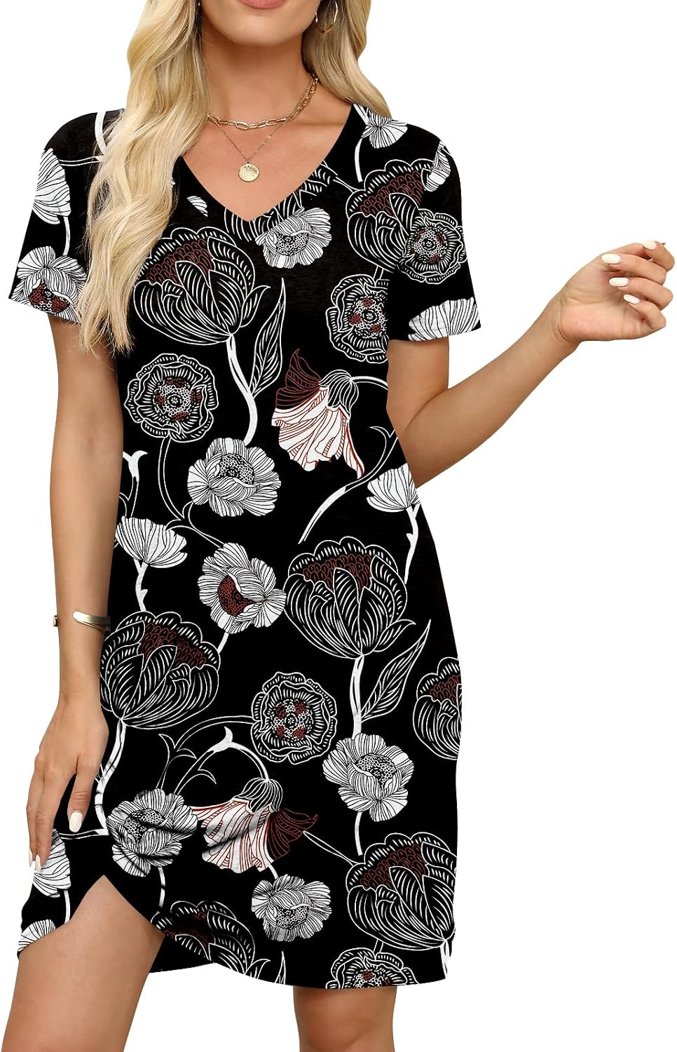 Miselon Women's Short Sleeve T-Shirt Dress - V-Neck With Front Knot, Casual Loose Fit Mini Dress For Summer (Rayon/Spandex) - View #3