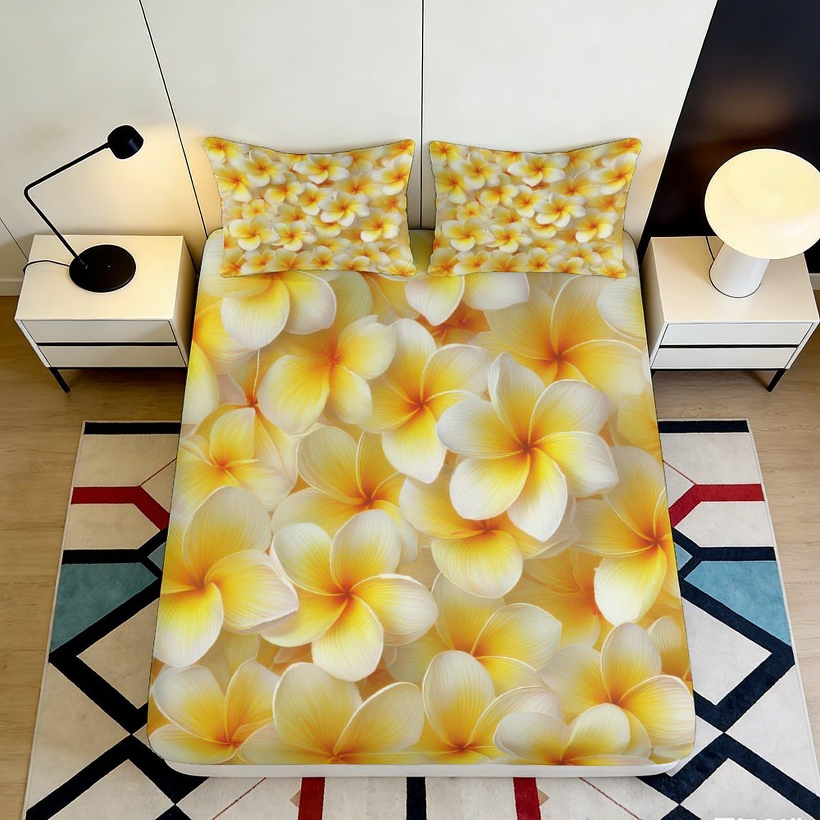 3D Printed Plumeria Fitted Sheet Microfiber Deep Pocket Bedroom Bedding Non-Slip Plumeria Mattress Fitted Cover Washable for Adults 160x200x25cm
