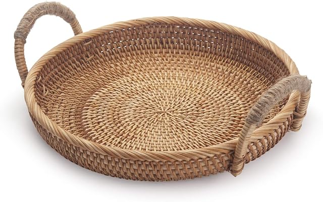 DECRAFTS Round Woven Bread Basket Natural Fruits Storage Tray with Handles for Serving Food, Crackers, Snacks Natural (28cm D x 4.5cm H