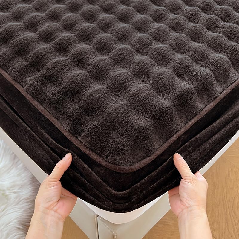 Milk Velvet Checkered Bedding Mattress Cover, Super Soft Warm Velvet Plush Bed Sheets, Suitable for Fall and Winter, 11" Deep Pocket (Dark Coffee, Queen 60"x78")