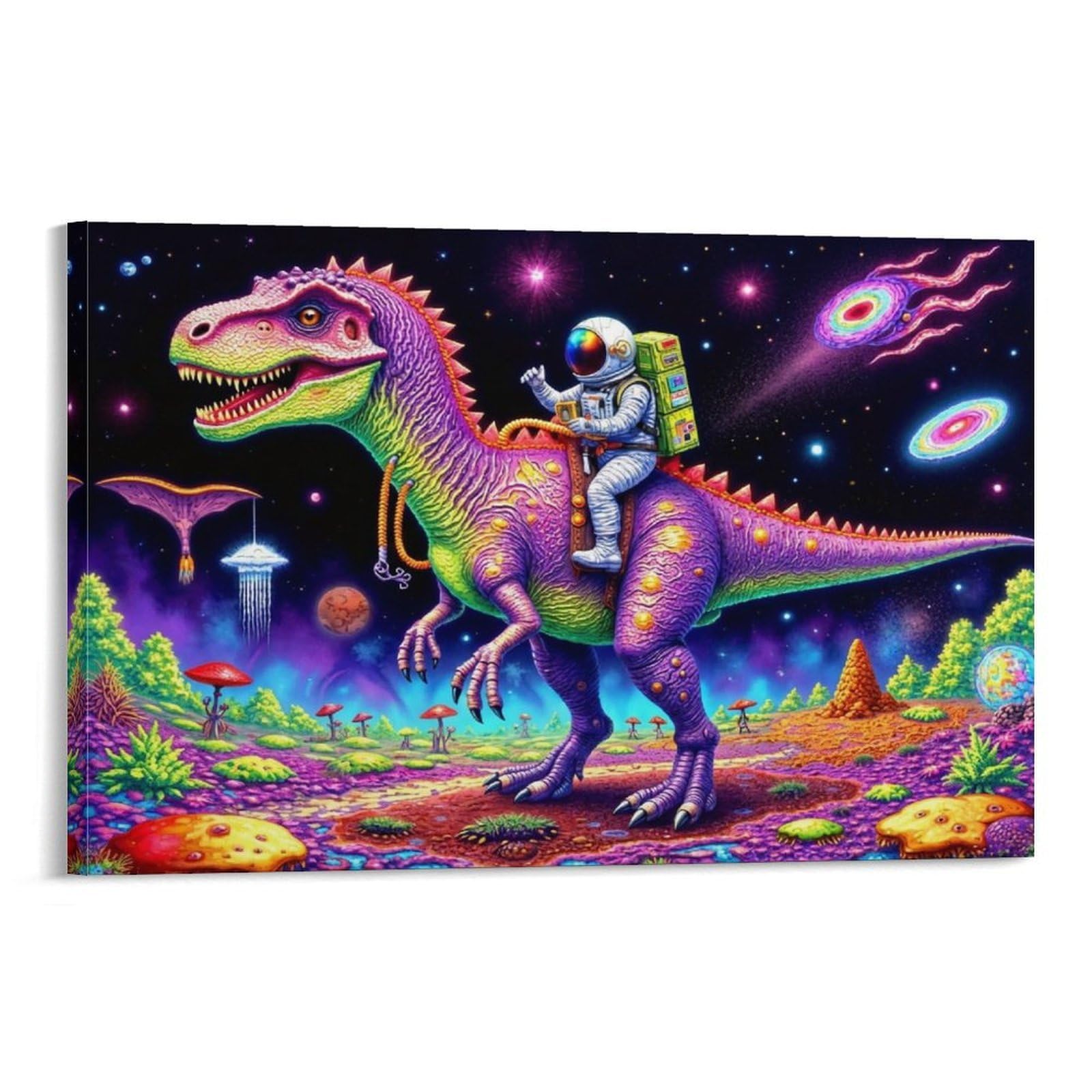 CPLVKWRQJ Space Dinosaur Rider 1 Piece Astronaut Riding Dinosaur on Alien Planet Canvas Wall Hanging - Living Room Gallery Wall Focal Point Fade Resistant Decor 16x24inch(40x60cm)