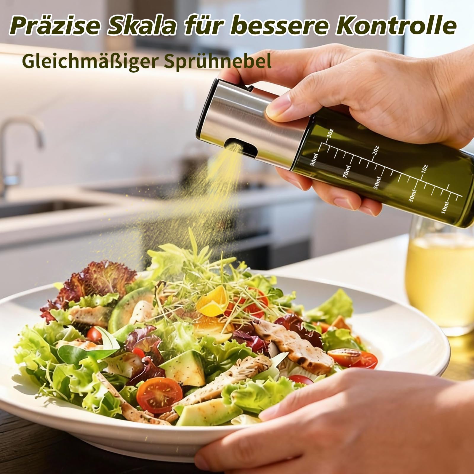 Sprühflasche Öl 2er Set, 2x100 ml Ölsprüher Glas aus UV-Schutzglas | Olivenöl Sprühflasche aus Glas für Speiseöl, feiner Sprühnebel, Ölspray Alternative für Heißluftfritteuse, Salat & Backen