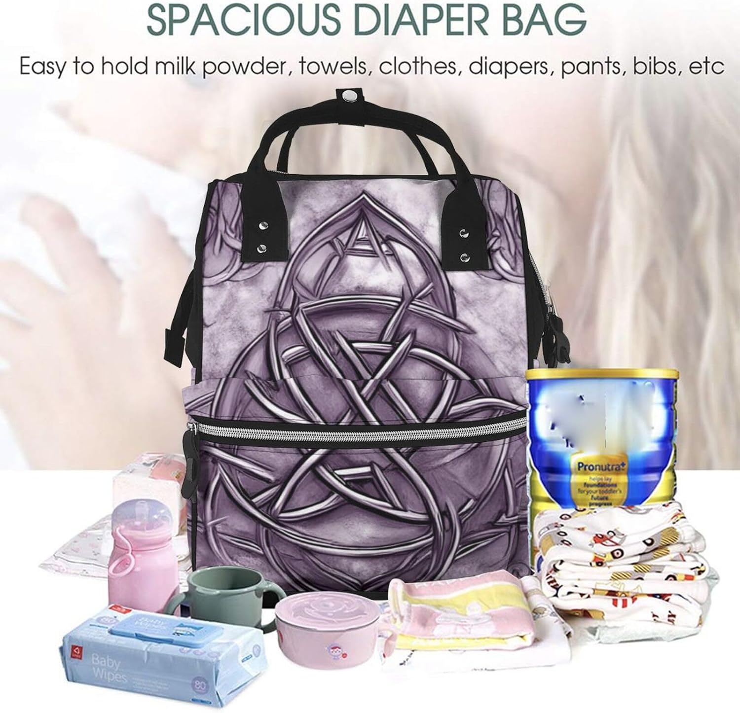 Triquetra Trinity Knot Lavender Purple Faux Metal Diaper Bag Backpack for Women, Large Capacity Waterproof Travel Bag with Stroller Straps