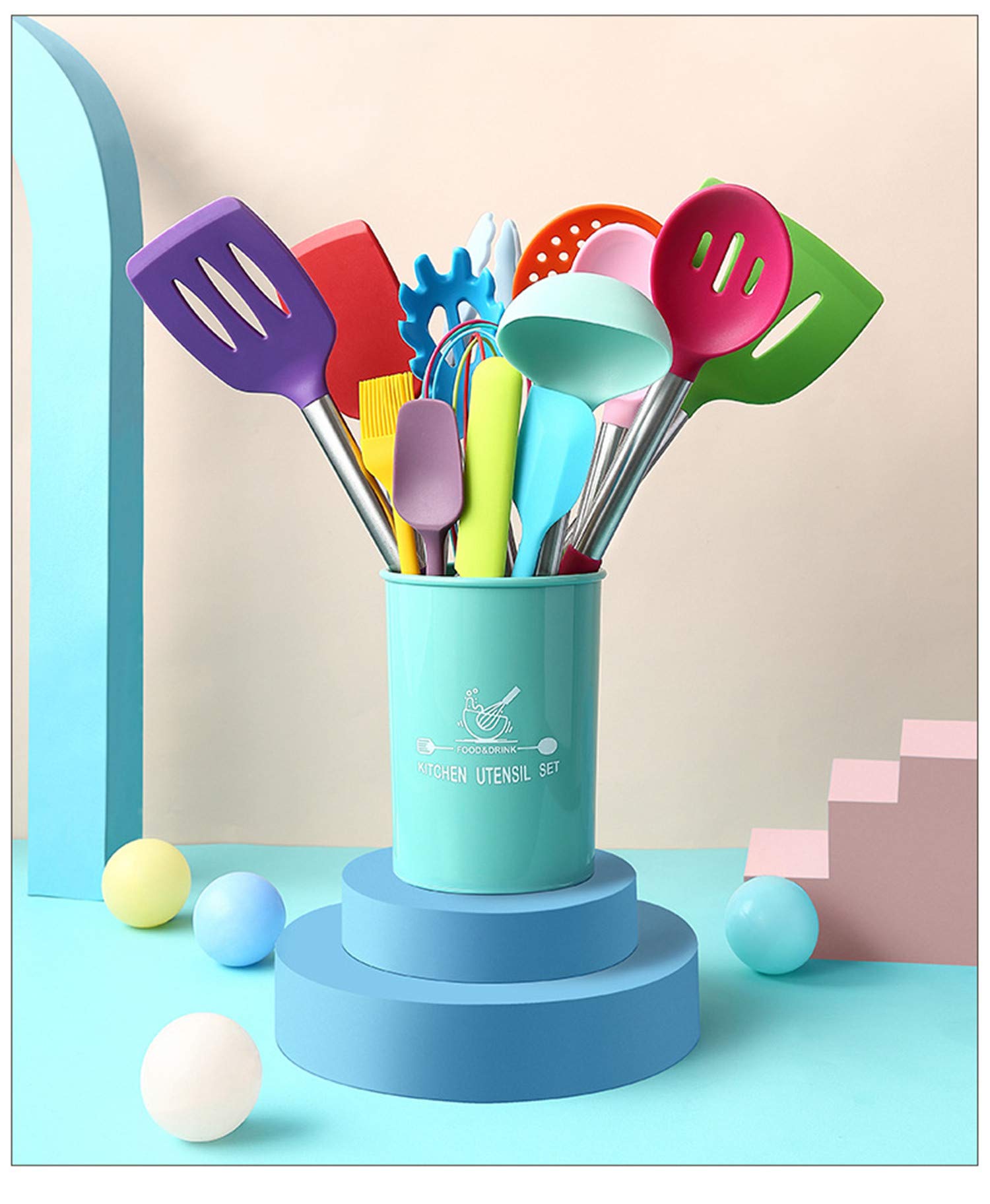 Utensilios de Cocina de Silicona Juego de Utensilios de Cocina - 446 ° F Mangos de Madera Resistentes al Calor Utensilios de Cocina Grises Juego de Utensilios de Cocina Antiadherente (Colorido-19pcs)
