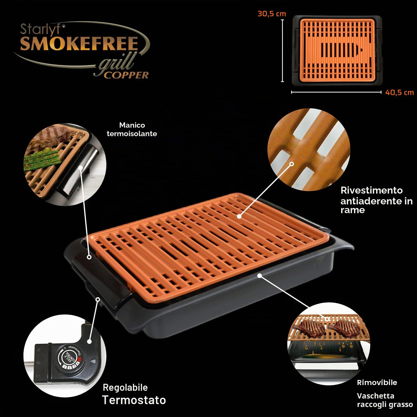 Griglia Elettrica Senza Fumo STARLYF Smokefree Grill Cooper, Nuovo design, 1250W, Griglia No Fumo Carne Pesce e Verdure Grigliate Cucina Barbecue (Griglia Elettrica Rame)