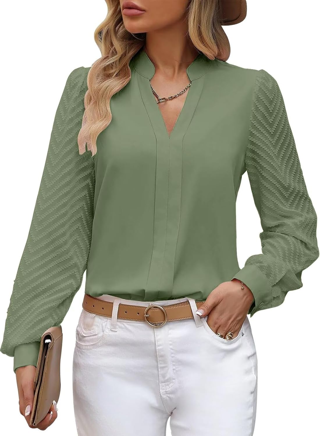 Work Blouses for Women Long Sleeve V Neck Tunic Tops for Women Loose Fit Dressy Womens Blouses Fashion Green L