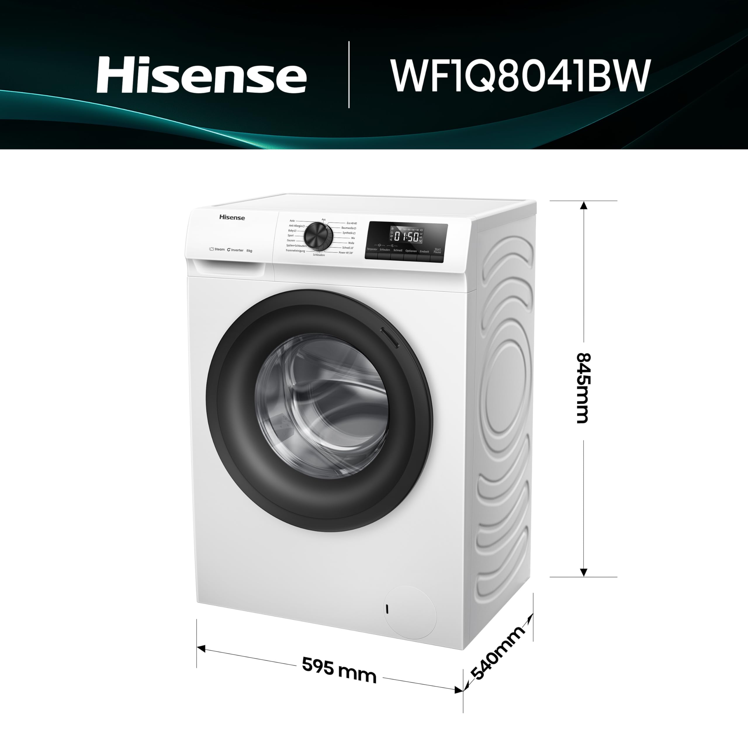 Hisense WF1Q8041BW Waschmaschine 8KG 1400 U/Min 15 Programme Dampffunktion A Energieklasse Weiß