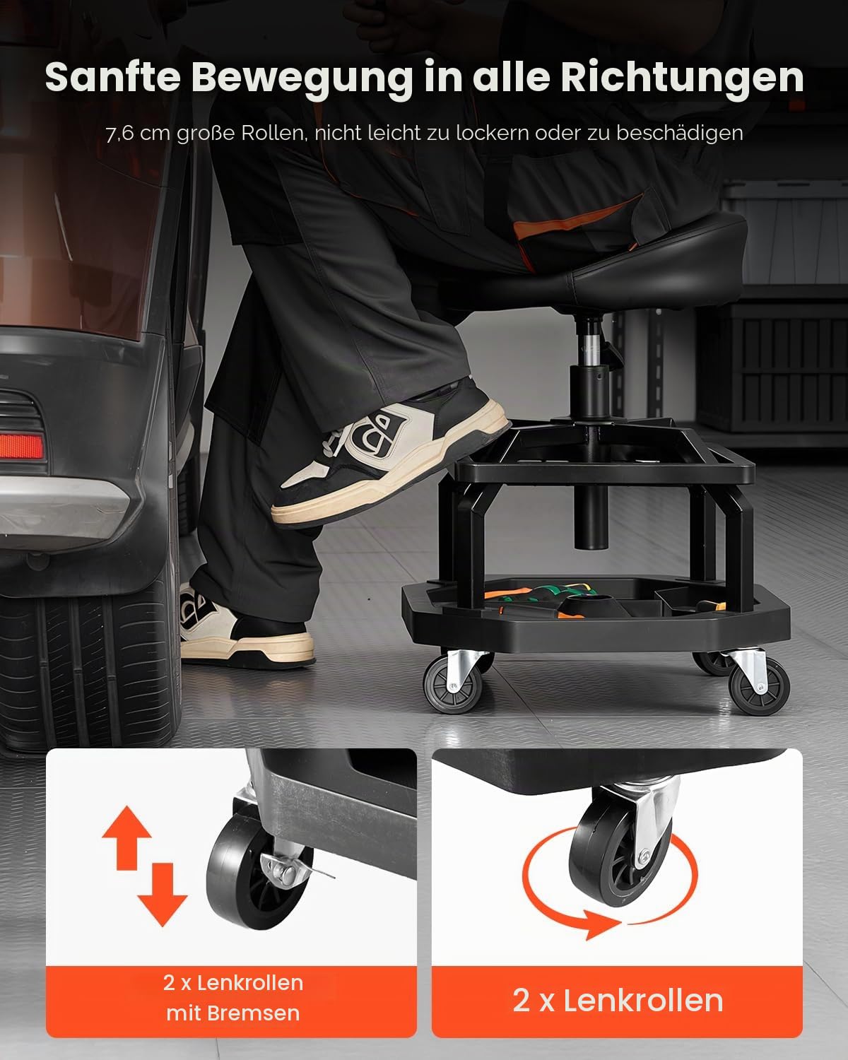 VEVOR rollbarer Werkstatthocker Werkstattsitz pneumatischer Garagensitz mit 136 kg Tragkraft, höhenverstellbarer Rollbrettsitz 360° drehbarer & gepolsterter Werkstattstuhl für Garage Werkstatt