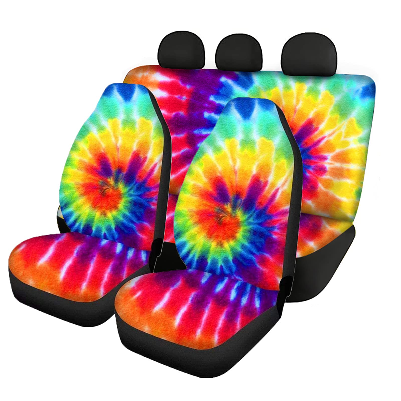 HUGS IDEA Juego completo de fundas para asientos de coche, diseño de arco iris, teñido anudado, colorido, estilo artístico, ajuste universal para vehículos sedán y protector interior de coche